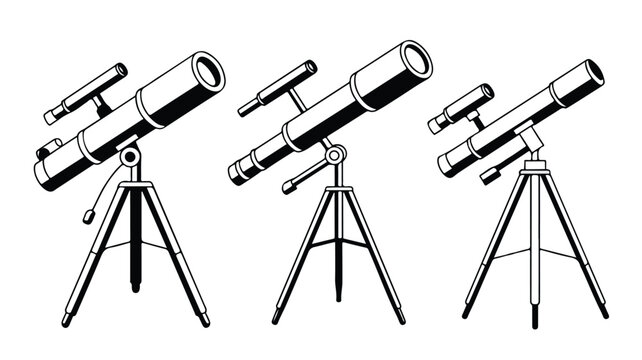 Set of sleek, modern telescopes on tripods, representing astronomy, science, and exploration, isolated on white.