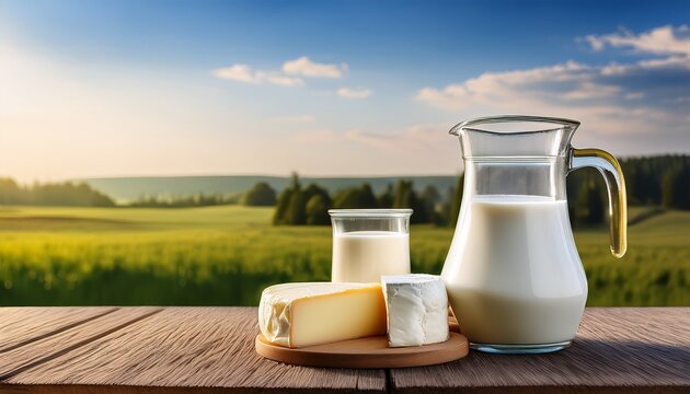 milk jug and glass dairy products cheese on a table outside nature farm background