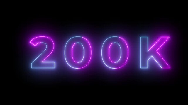 Bold neon sign displaying the number 200 K in vibrant pink and cyan against a dark black background with a luminous electric glow effect