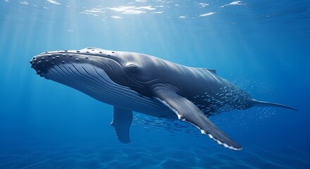 Fototapeta premium Large Gray Humpback Whale Swimming Underwater in Ocean with Sunlight