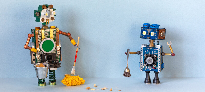 Robot janitors on light blue backdrop, one with mop and bucket, other with brush. Floor cleaning flyer, maintenance leaflet, facility care card