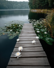 Fototapeta premium Empty wooden dock water lily calm lake green forest tranquil nature outdoor summer peaceful reflection