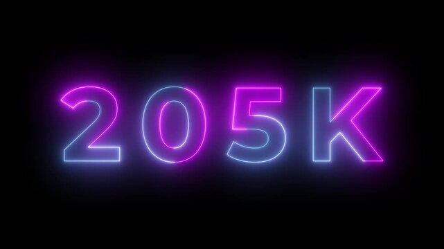 Luminous neon sign featuring the number 205 K in bright pink and cyan hues against a stark black background with a radiant glow effect