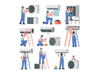 Collection of illustrations showing technicians performing various air conditioner installation and maintenance tasks