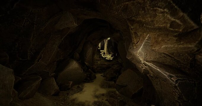 A narrow passageway within a cave showcases rugged rock formations and subtle lighting filtering through, creating a serene atmosphere amidst shadows and textures.
