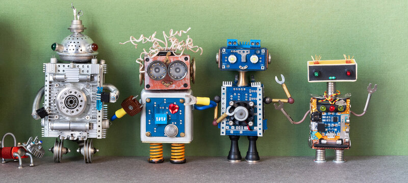 Four toy robots of unique design and a mechanical dog. Collectible robot set, whimsical character poster