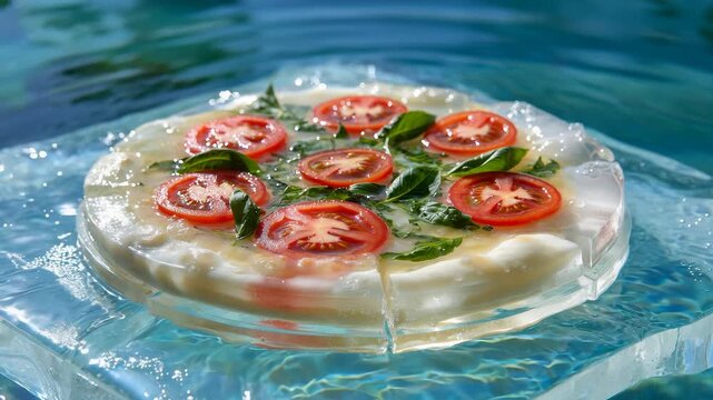 Floating margarita pizza in ice water. Refreshing summer food concept for outdoor dining or poolside celebration.