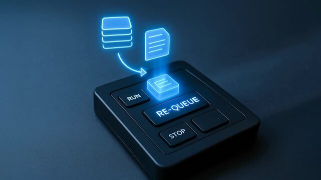 Finger pressing Re-Queue button to move digital files back to stack, concept of process automation and queue management