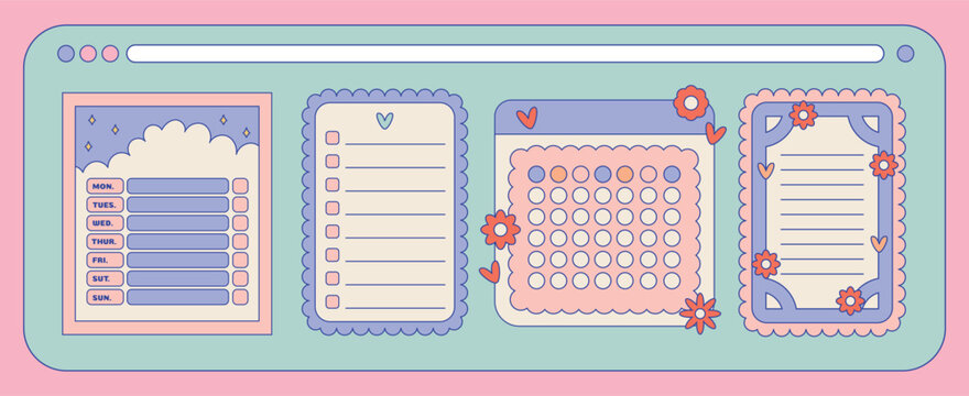 Kawaii digital stickers for Monthly Planner with Cute hearts and flowers. Blank paper Notes, to-do list for schedule or organizer for bullet journaling or planning