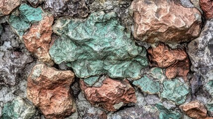 Close-up view of a textured stone wall, various colors and shapes