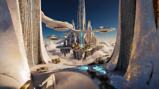 Futuristic Cityscape Floating in Clouds Advanced Architecture Sky- Metropolis Aerial View Flying Vehicles Sci- Fi Utopia Bright Sunlight Golden Hour