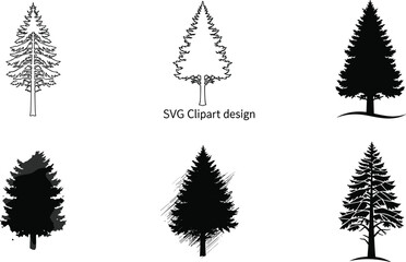 Fototapeta premium Pine tree SVG clipart set in six artistic styles isolated on white background, evergreen forest design elements