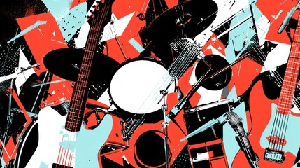 Abstract musical instruments in a vibrant, geometric composition of red, teal, and black fragments