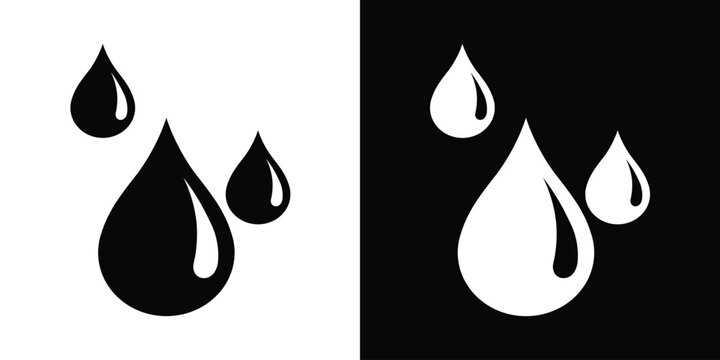 Group of three water drops of varying sizes. Modern icon set for weather, rain, or skincare products. High-contrast vector graphics in outline and flat styles for web and print.