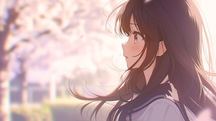 桜の木の下で髪をなびかせているアニメ調の美少女