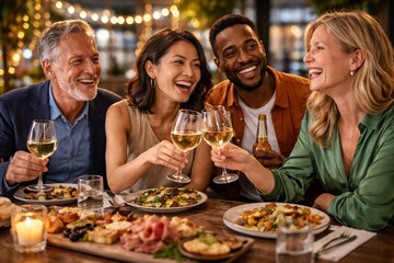 Multigenerational friends enjoying dinner together and clinking wine glasses outdoors