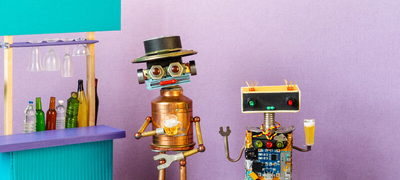 Robot pub visitors holding beer mugs near bar counter. Beer bar concept, social drinking poster, pub atmosphere banner
