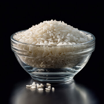 White rice glass bowl food grain uncooked kitchen ingredient healthy simple isolated black background