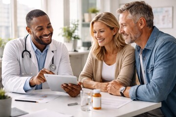 Doctor consulting senior couple together in modern medical office with digital tablet