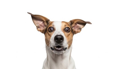 A curious jack russell terrier dog with wide, surprised eyes looks directly at the camera in a clean, bright studio close-up against a white background.