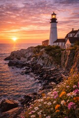 Fototapeta premium Scenic lighthouse on rocky coastline during vibrant sunset over ocean horizon