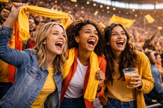 Excited female soccer fans celebrating victory in crowded stadium