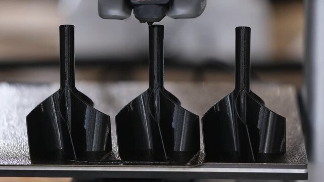 Industrial 3D printer extruder head printing multiple black plastic parts on build plate during additive manufacturing process. Close-up of heated 3D printer nozzle