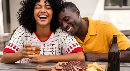 Black couple laughing at an outdoor barbecue.