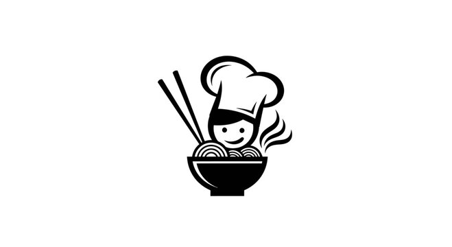 Happy Chef with Noodles and Chopsticks Logo Icon