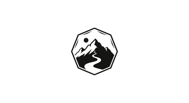 Minimalist mountain logo with winding path and sun in octagonal frame