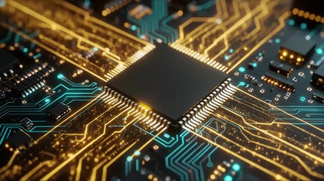 Close-up of a computer microchip on a circuit board with gold and blue connections. Perfect for technology, electronics, and engineering presentations.