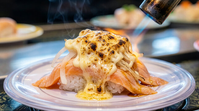 Sizzling Torched Salmon Mayo Sushi: A Dynamic Moment of Kaiten Junk Food Bliss