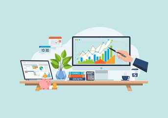 Vector Ilustration Flat Design Business Growth Analysis and Financial Planning Desktop Setup.