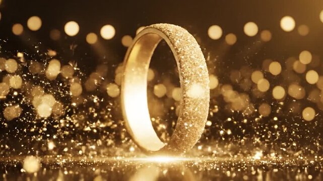 A sparkling golden ring stands elegantly amidst a shower of glitter and bokeh