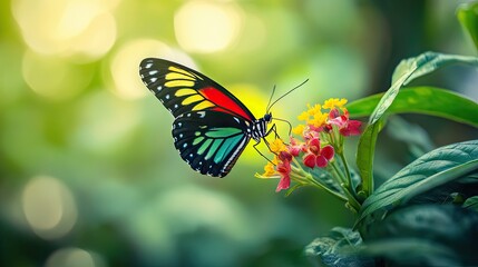 Obraz premium Stunning Close-Up of Colorful Butterfly Feeding on Vibrant Flower in Soft Natural Light Surrounded by Lush Greenery for Nature Lovers and Garden Enthusiasts