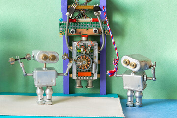 Exercise session in gym, one robot doing pull-ups, two small robots with dumbbells, fitness motivation, teamwork concept