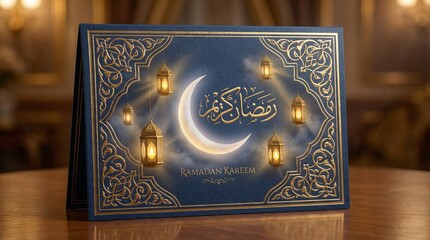 Fototapeta premium Luxury Ramadan Kareem Greeting Card with Ornate Golden Islamic Patterns