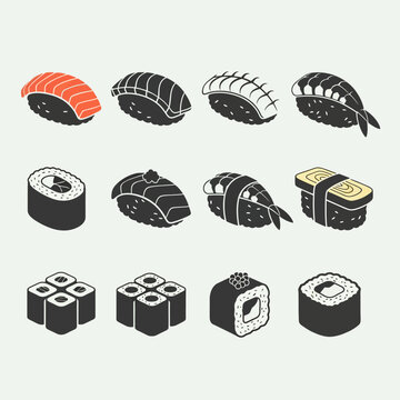 Twelve different types of sushi and maki rolls in a flat black and white line art style with one piece featuring orange salmon, isolated on a light gray background