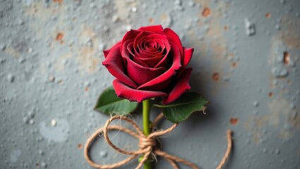 Deep red rose with green leaves tied with twine rustic floral