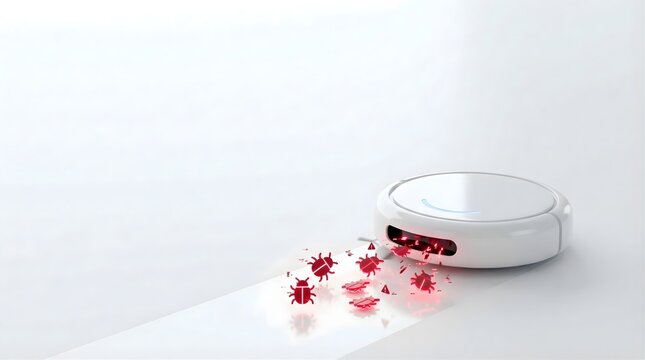The Automated Debugger: Cute Minimalist Glossy White Robot Vacuum Cleaning Glowing Neon Red Glitch Bugs on Pristine Background