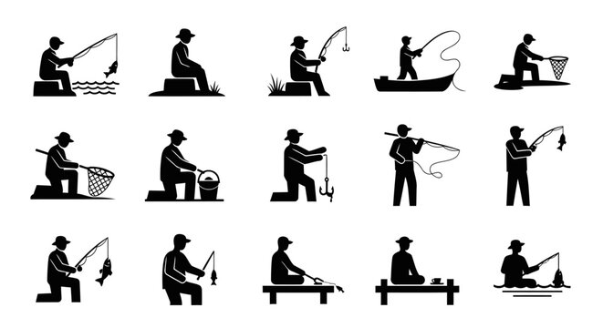 Minimalist black silhouette icon collection featuring twelve distinct human fishing activities presented in a peaceful and symbolic way. The icons emphasize patience, leisure