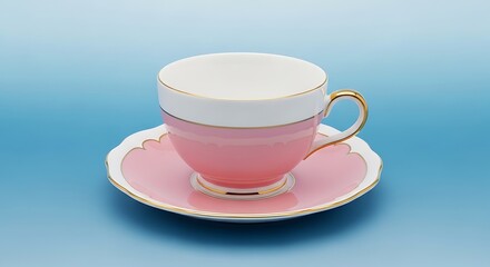 A pink and white teacup and saucer with gold trim