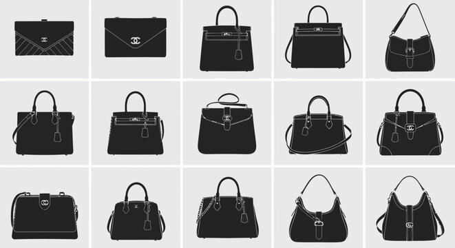 Fifteen black luxury women's handbags and purses vector collection, including clutch, shoulder bag, and tote bag styles with silver hardware, isolated on light gray background