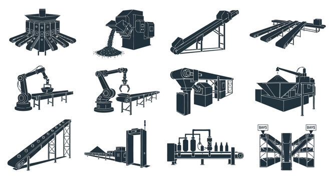 Industrial automation machinery fill icon collection. Includes robotic arms, conveyor belts, production lines, sorting machines, and packaging equipment. Created in dark blue fill style with a