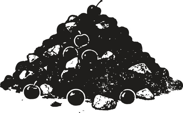 Pile of assorted cherries and stones illustration in black and white