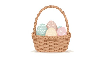 Flat basket with pastel eggs isolated on white background. Minimal Easter illustration for spring holiday design and decoration.