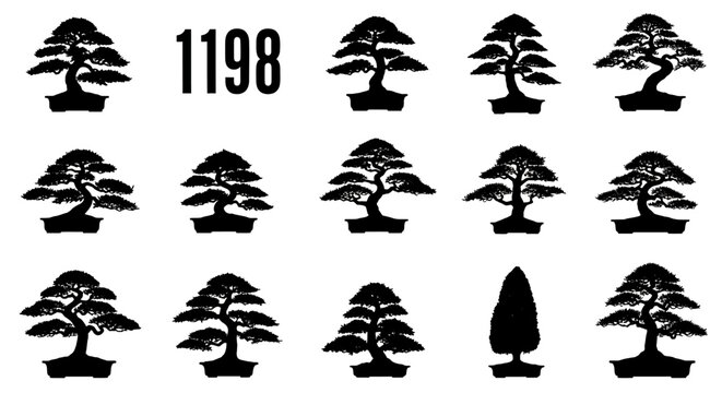 Bonsai tree silhouette icon collection. Includes 14 different potted bonsai trees and one tall narrow tree silhouette. Created in flat black and white style with solid black shapes.