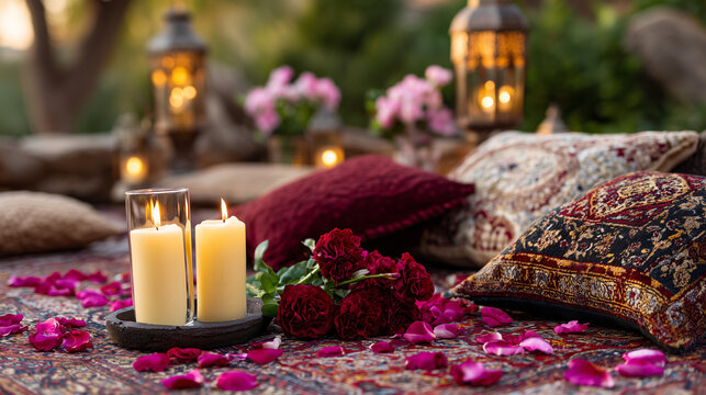 Close-up perspective of intimate picnic scene with layered Persian-style rug, embroidered cushions, scattered pink and red rose petals, tall taper candles in glass holders glowing