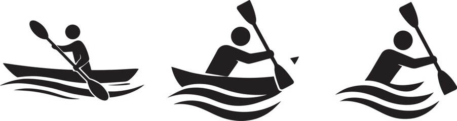 Black Kayaking and Canoeing Icon Set Silhouette of People Rowing Boats in Water for Outdoor Adventure Watersports and Summer Recreation Vector logo © Foxy