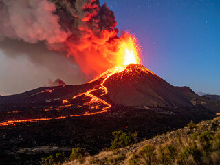 Fototapeta premium 火柱を上げる噴火中の火山と流れる溶岩